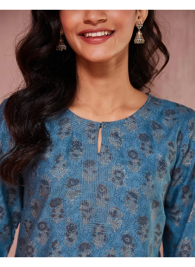 Fabindia Teal Viscose Silk Hand Block Printed Knee Length Kurta
