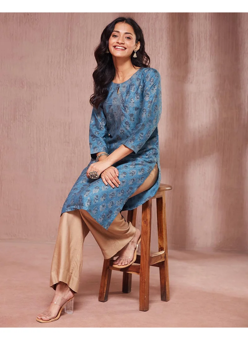 Fabindia Teal Viscose Silk Hand Block Printed Knee Length Kurta