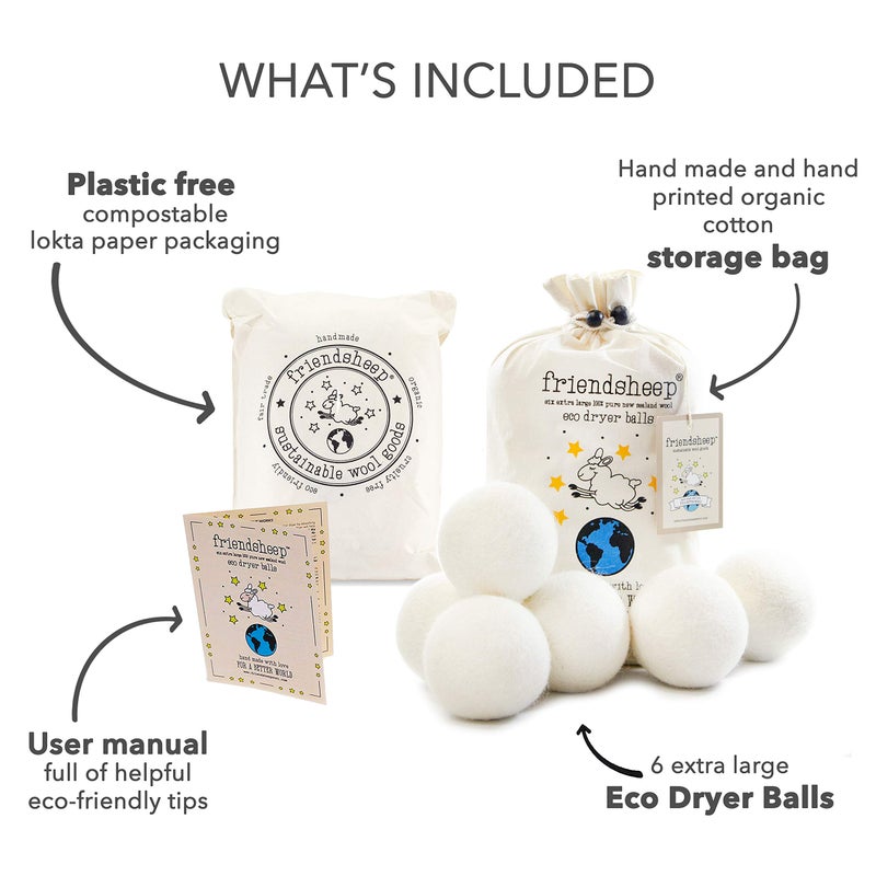 Friendsheep Wool Dryer Balls, Organic Reusable Fabric Softener Alternative for Laundry, Handmade, Fair Trade, Hypoallergenic, Eco-Friendly, Plastic-Free (6 Pack XL - Creamy White) - Image 4