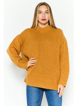 Women High Neck Knitted Sweater, Light Brown