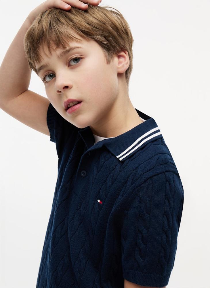 TOMMY HILFIGER Cable Knit Short Sleeve Polo Jumper - Image 3