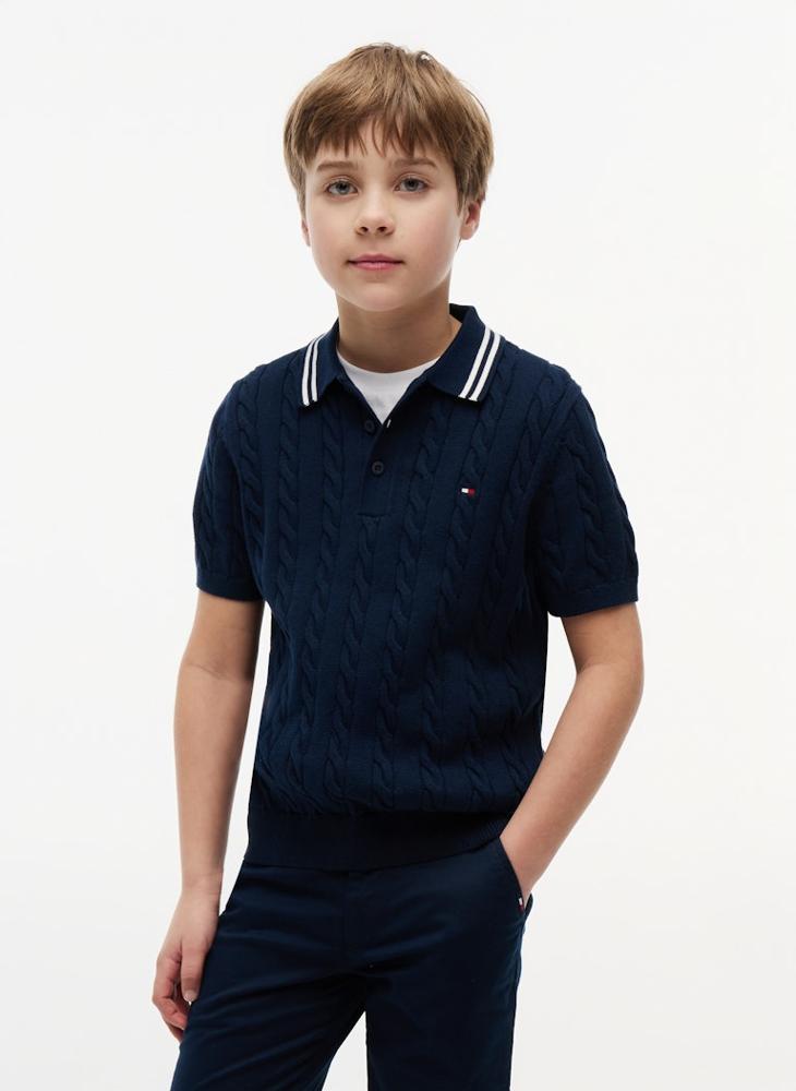 TOMMY HILFIGER Cable Knit Short Sleeve Polo Jumper - Image 1