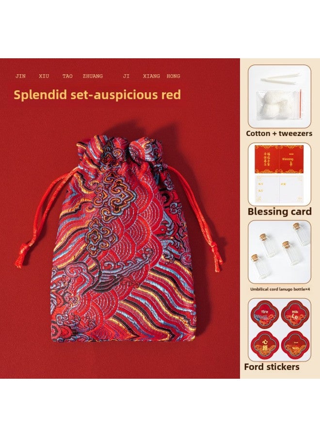 Baby's Umbilical Cord Fetal Hair Souvenir Collection Box Baby Teeth Storage Bottle Storage Bag Self-made Baby Fetal Hair Storage Box-Color:Brocade Bag-Auspicious Red Four Bottle  - Image 1