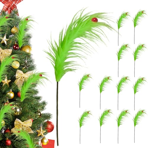 Cherica 12 Pcs Christmas Tree Topper 17 Inch Grinchmas Christmas Decorations Red Green Elf Tree Ornaments for Christmas Picks Furry Cute Funny Xmas Decor - Image 1