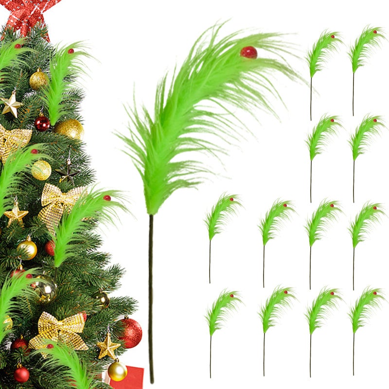 Cherica 12 Pcs Christmas Tree Topper 17 Inch Grinchmas Christmas Decorations Red Green Elf Tree Ornaments for Christmas Picks Furry Cute Funny Xmas Decor - Image 2