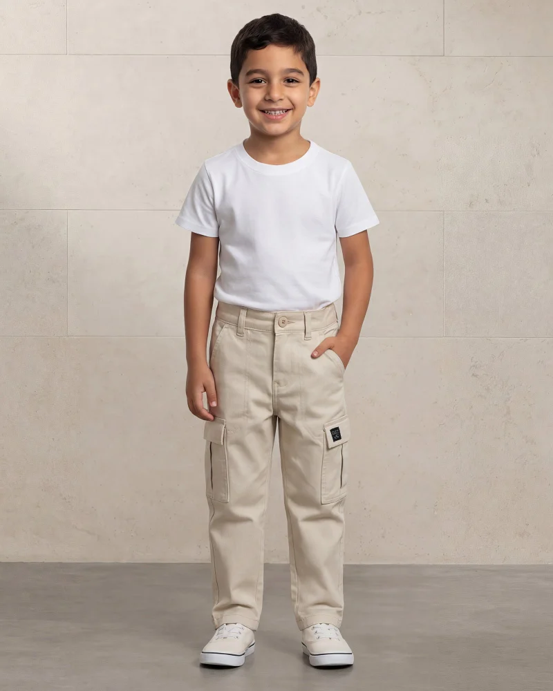 Redtag Boys Cream Cargo Pocket Trouser