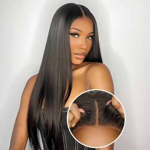 ISEE Wear Go Glueless Wigs Human Hair Pre Plucked Pre Cut Straight Transparent 5x7 Lace Glueless Wig Pre Bleached Tiny Knots Human Hair Wig for Black Women 180% 22 Inch - Image 1
