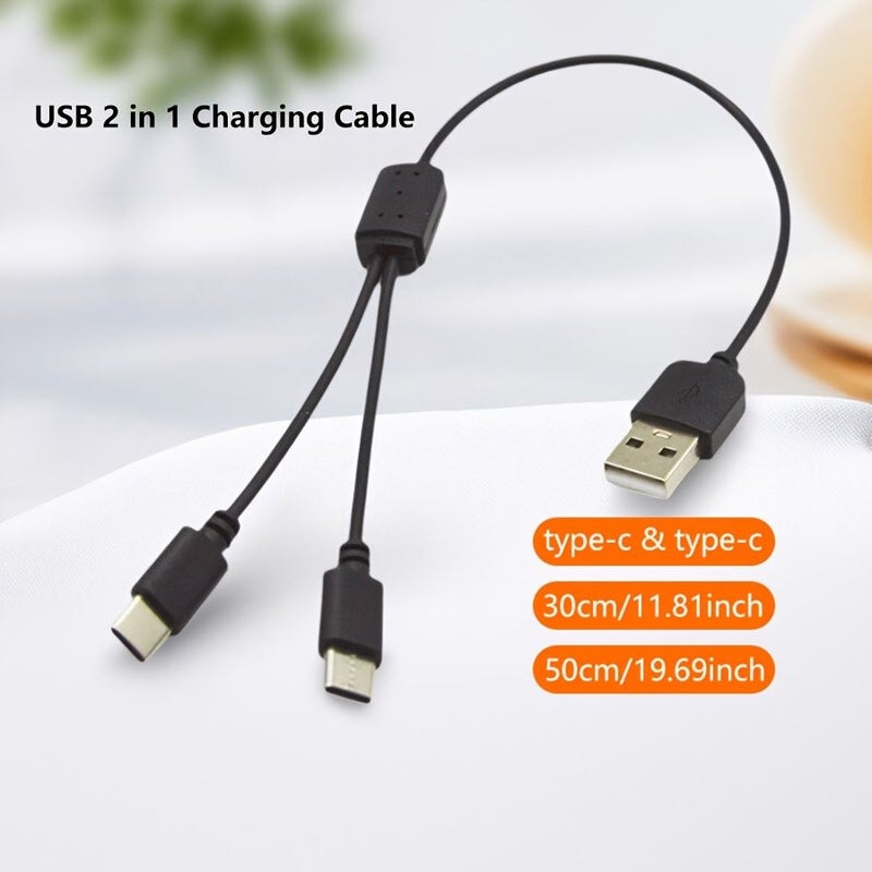 USB 2 In 1 Charging Cable Double Type C Ports 30cm Black - Image 5