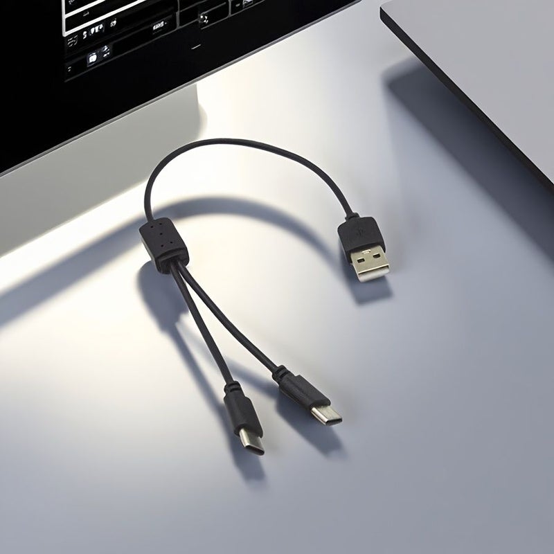 USB 2 In 1 Charging Cable Double Type C Ports 30cm Black - Image 4