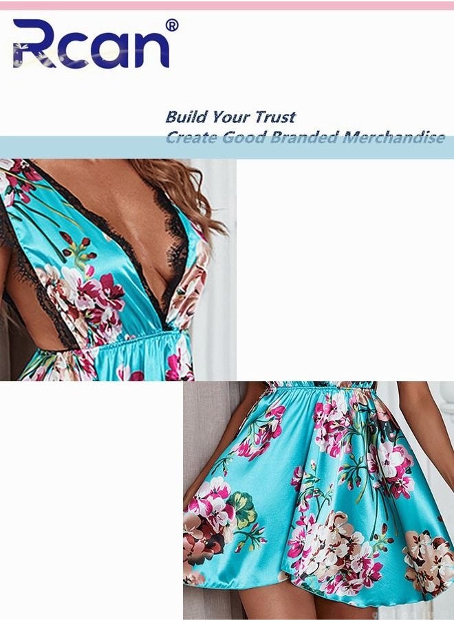 Rcan Fashion French Style Palace Floral Print Lingerie For Women's Home Underwear Soft Satin Backless Sling Ladies Boudoir Dress V Neck Sleepwear Plus Size Nightdress Cute Babydoll  - Image 2