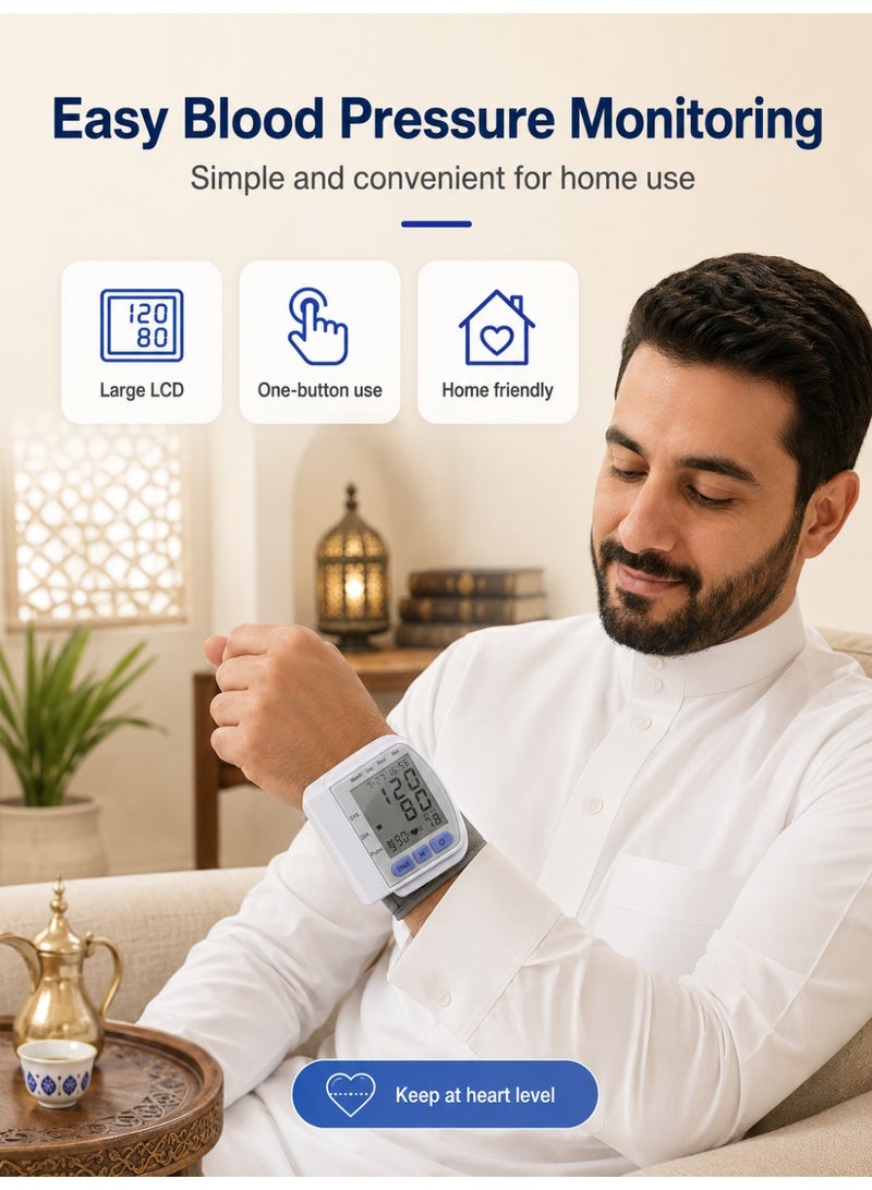 ألونغد جهاز قياس ضغط الدم التلقائي للمعصم CK-102S – شاشة LCD رقمية لقياس ضغط الدم مع قياس معدل ضربات القلب والنبض، ذاكرة تخزين لـ 90 قراءة، تشغيل سهل بزر واحد، تصميم مدمج ومحمول. - Image 2