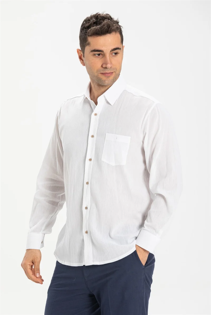 Eliş Şile Bezi Long Sleeve Şile Cloth Single Pocket Men's Shirt White 3001