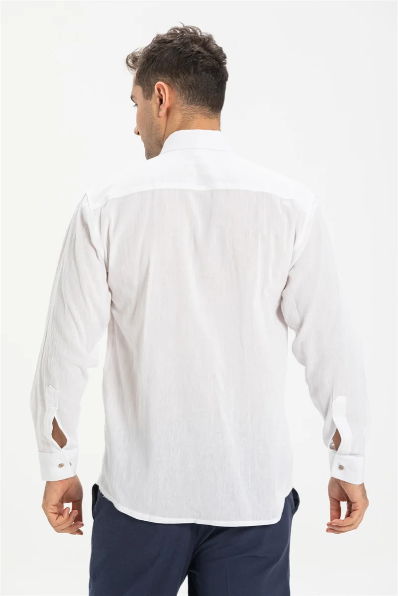 Eliş Şile Bezi Long Sleeve Şile Cloth Single Pocket Men's Shirt White 3001