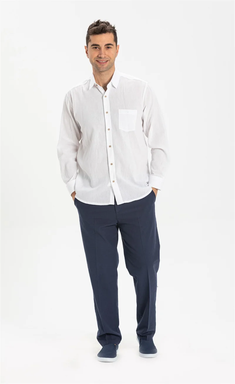 Eliş Şile Bezi Long Sleeve Şile Cloth Single Pocket Men's Shirt White 3001