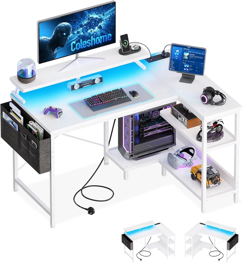 Coleshome L Shaped Gaming Desk with LED Lights, 100 × 70 cm Computer Desk with Power Outlet, Reversible Corner Gaming Table with Storage Shelves & Monitor Stand, White - Image 1