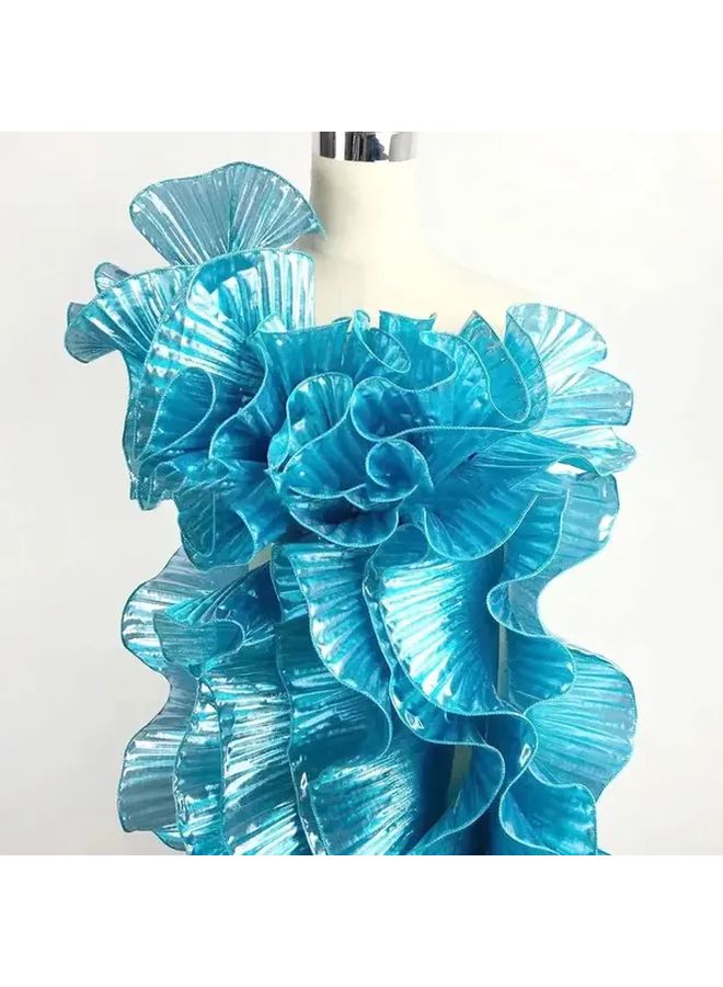 Golden Big Wave Lace Fabric Metallic Pleated Organza Ruffle Dress Sewing Trim - Image 1