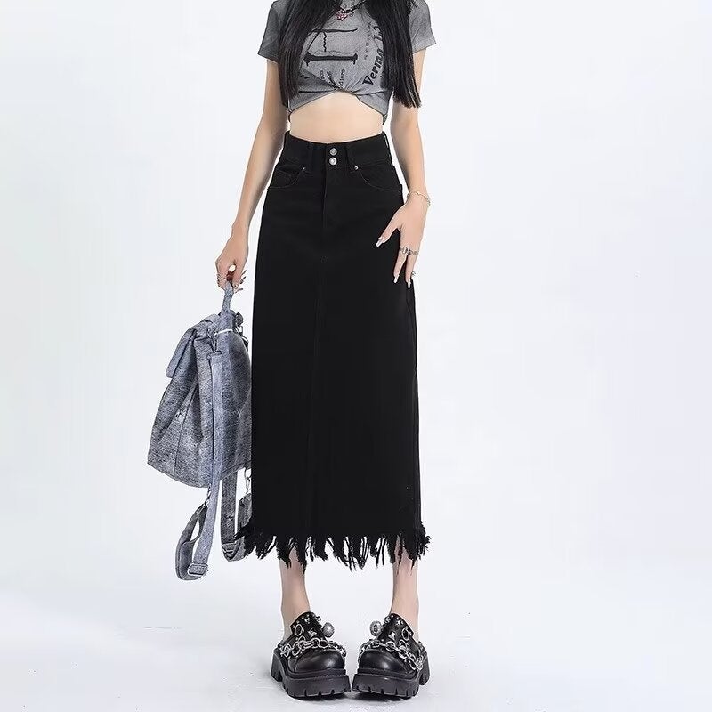 Vintage Tassel Denim Skirt Women'S 2024 Double Buckle High Waist Slimming Split Mid-Length A- Line Skirt - Image 4