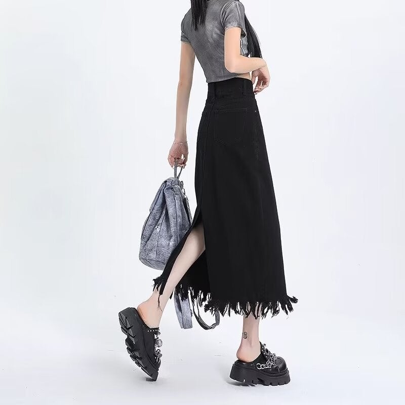Vintage Tassel Denim Skirt Women'S 2024 Double Buckle High Waist Slimming Split Mid-Length A- Line Skirt - Image 5