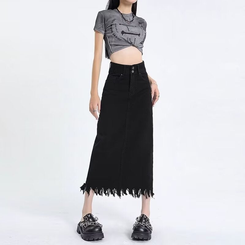 Vintage Tassel Denim Skirt Women'S 2024 Double Buckle High Waist Slimming Split Mid-Length A- Line Skirt - Image 2
