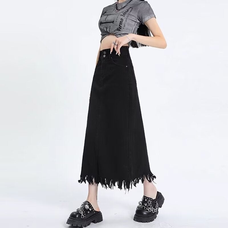 Vintage Tassel Denim Skirt Women'S 2024 Double Buckle High Waist Slimming Split Mid-Length A- Line Skirt - Image 3