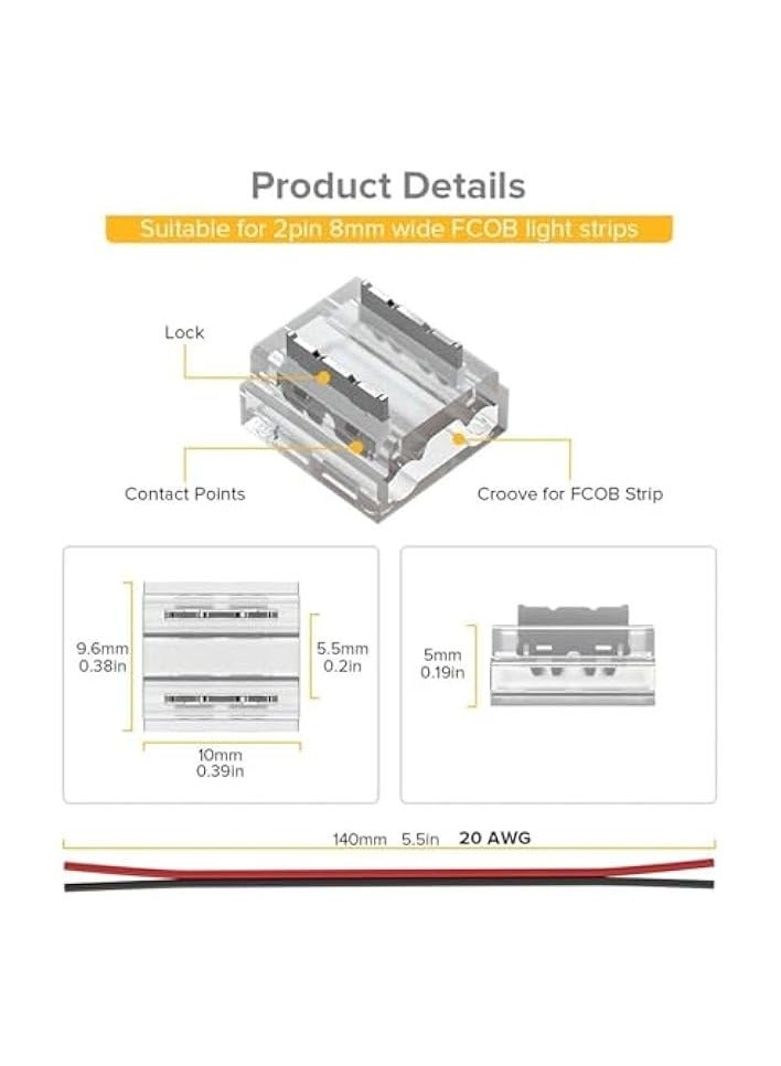 erorex COB 8mm 0.31in Connector Kit Transparent Connector 5pcs 15cm Long 20AWG Extension Wires for Non-Wired Gapless Solderless, Single Color Strip Corner Connection (Size : 10MM) - Image 3