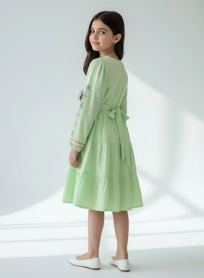 Bella Moda Girls Long Sleeve Embroidered Tiered Midi Dress