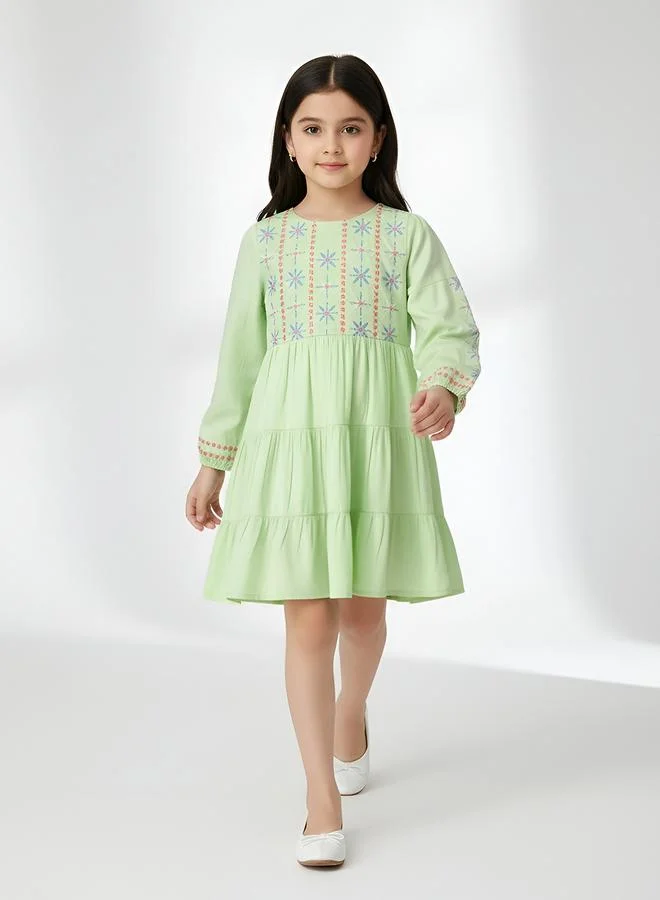 Bella Moda Girls Long Sleeve Embroidered Tiered Midi Dress