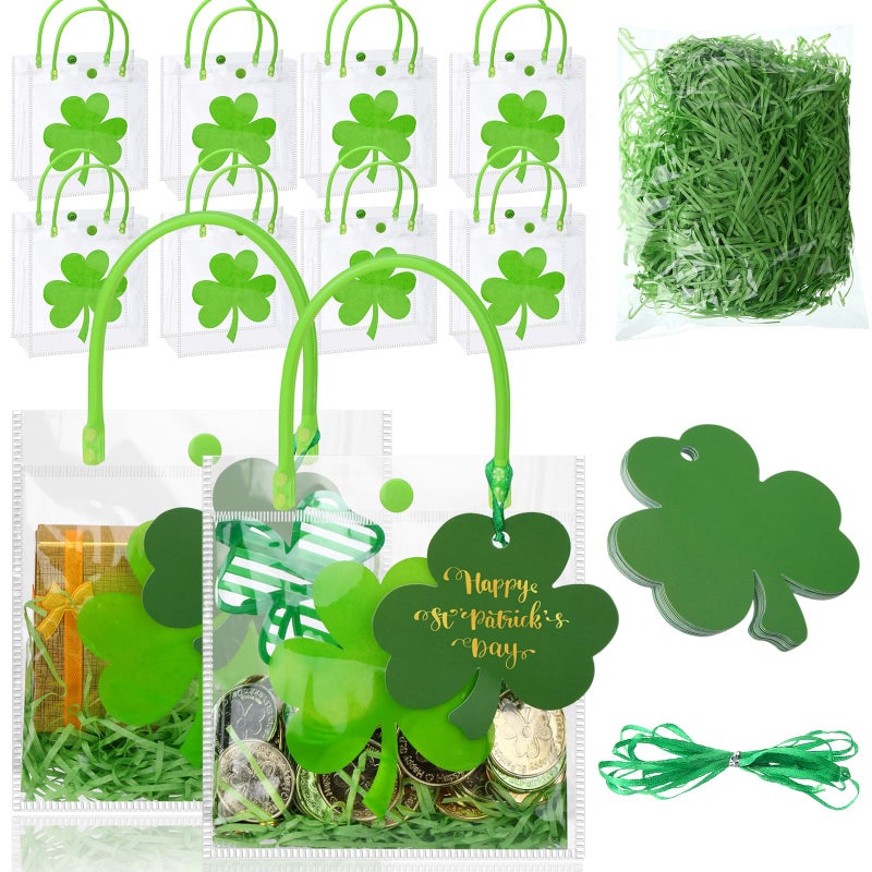 Bulyoou 12 Pcs Clear St. Patrick's Day Gift Bag with Raffia Lucky Clover Tag Plastic St. Patrick's Day Party Favor Bag Shamrock Goodie Bag Clover Irish PVC Wrap Bag with Handle for Party Supplies - Image 1