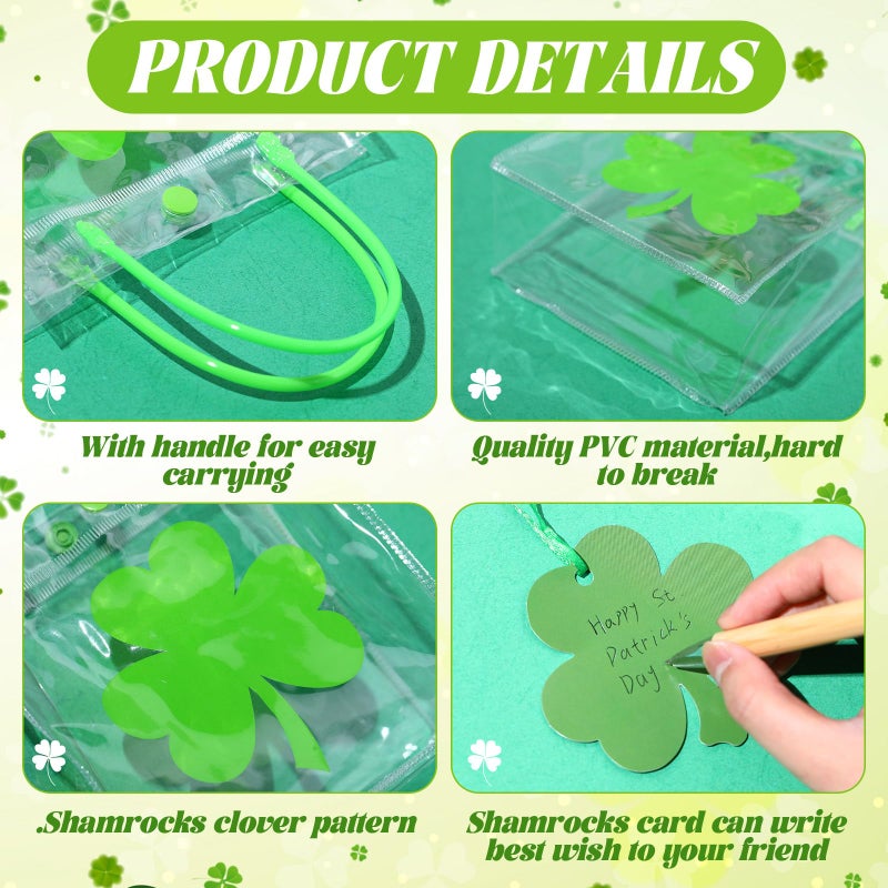 Bulyoou 12 Pcs Clear St. Patrick's Day Gift Bag with Raffia Lucky Clover Tag Plastic St. Patrick's Day Party Favor Bag Shamrock Goodie Bag Clover Irish PVC Wrap Bag with Handle for Party Supplies - Image 3