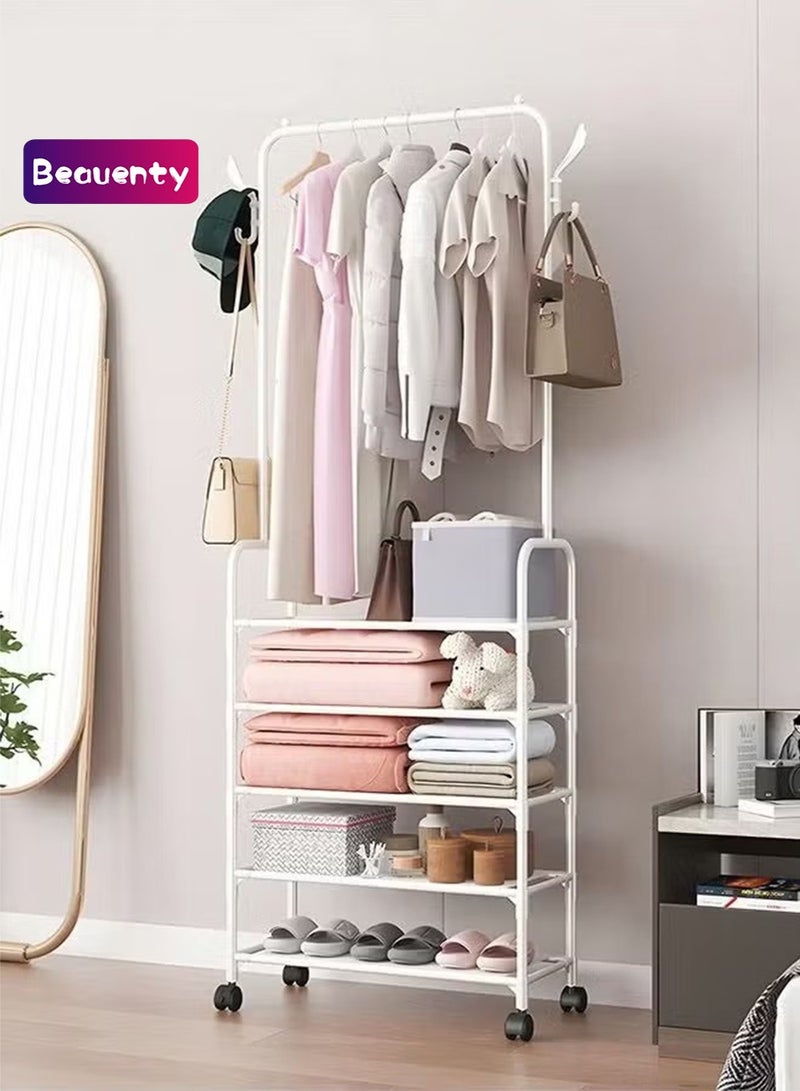 بيوينتي حامل أحذية من 5 طبقات مع معطف الرف شجرة قاعة معدنية خفيفة الوزن منظم حامل أحذية متحركة معدن متعدد الوظائف رصيف أحذية الرف لغرفة النوم شقة المسكن والمدخل - Image 1