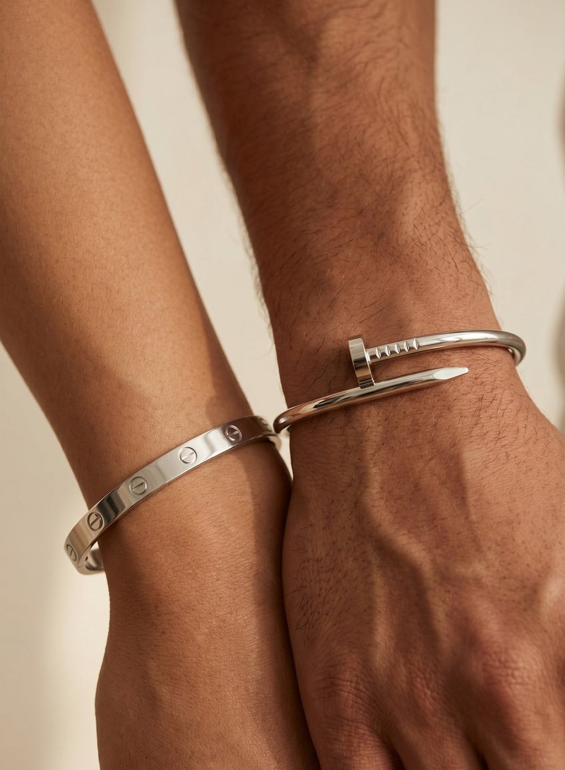 Shein Silver Duo Bangle Set — Screw Bangle + Nail Wrap Bracelet — 18K Platinum Stainless Steel Size 17 — Matching Gift for Couples Best Friends Partners - Image 2