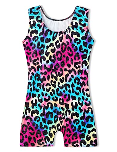 Domusgo Girls Leotards for Gymnastics Size 5-6 Years Old Sparkly Leopard Rainbow Unitard with Shorts - Image 2