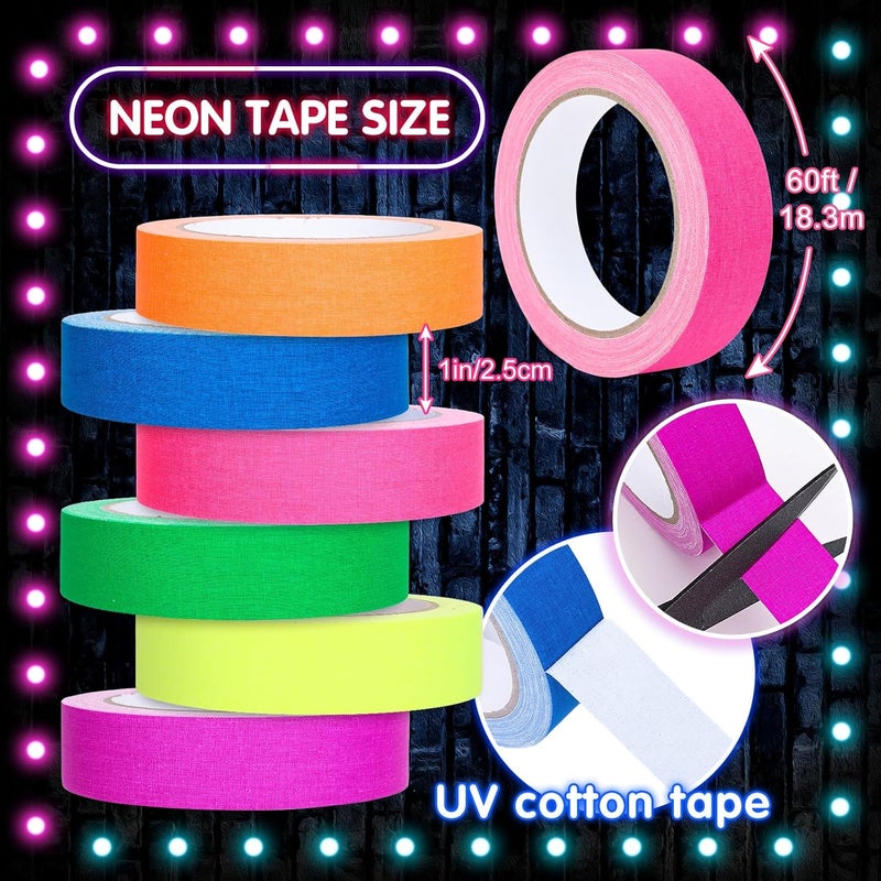 Whaline 6 Colors Neon Gaffer Cloth Tape Fluorescent Rainbow Color UV Blacklight Glow in The Dark Tapes Neon Duct Reflective Tapes for Party Supplies (1 Inch x 60 Ft) - Image 2