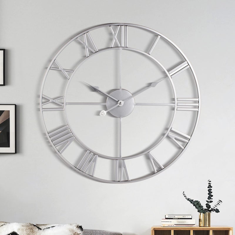 1st owned Large Wall Clock Metal Retro Roman Numeral Clock Modern Round Wall Clocks Almost Silent Easy to Read for Living RoomHomeKitchenBedroomOfficeSchool Decor Silver 185 Inch
