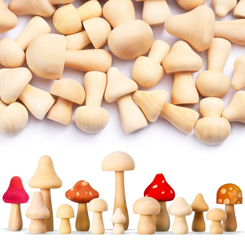 Vicenpal 40 Pcs Unfinished Wooden Mushroom Natural Mini Wood Mushrooms for Arts and Crafts DIY Projects Ornaments Paint Color Home Desk Bookshelves Decoration