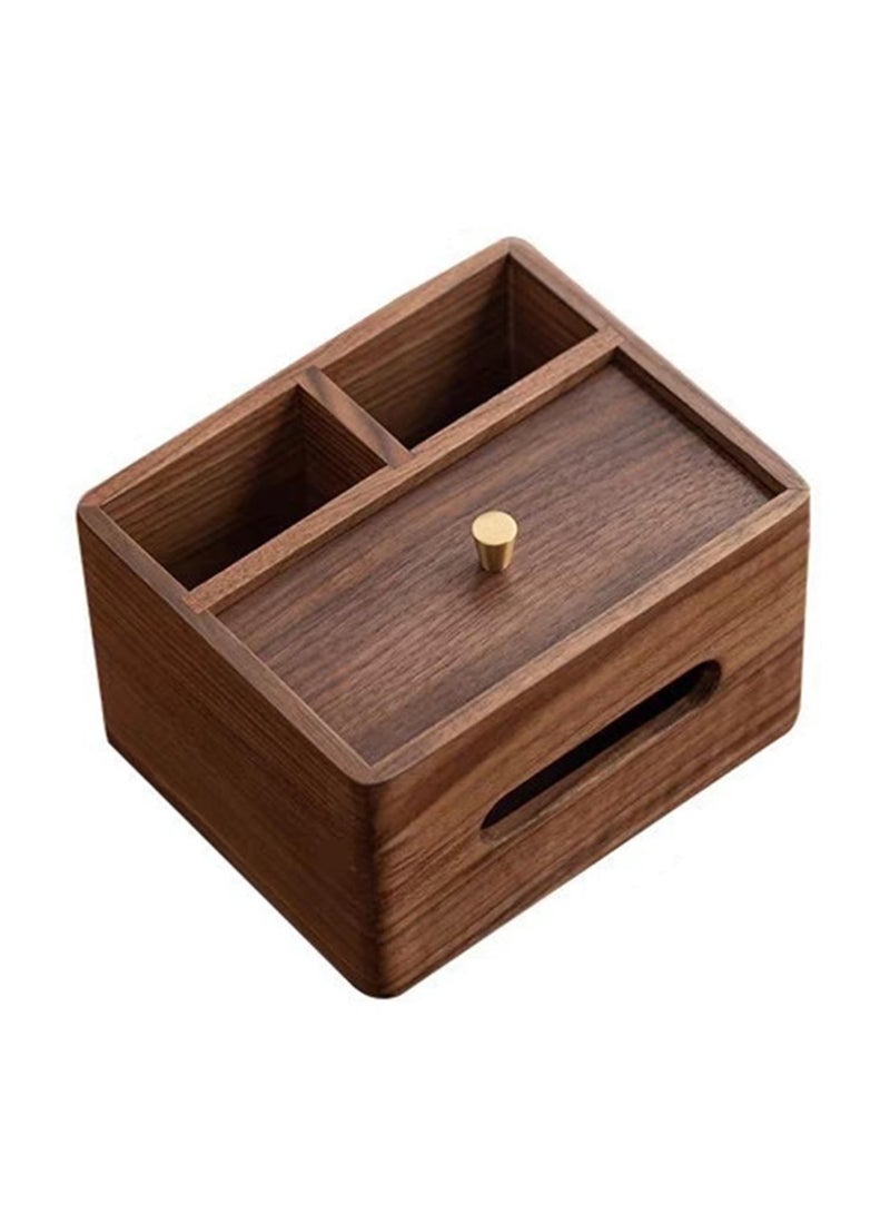 Walnut Wood Multi-functional Tissue Box and Drawer Organizer with Brass Accent