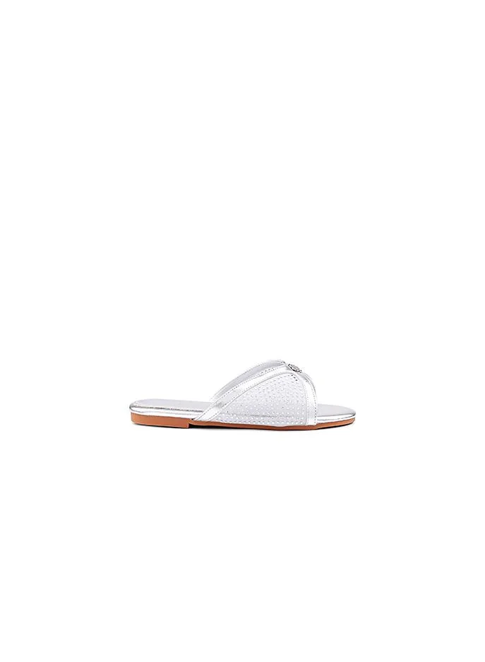 أيقون Chic metallic finish sandals with cushioned support.