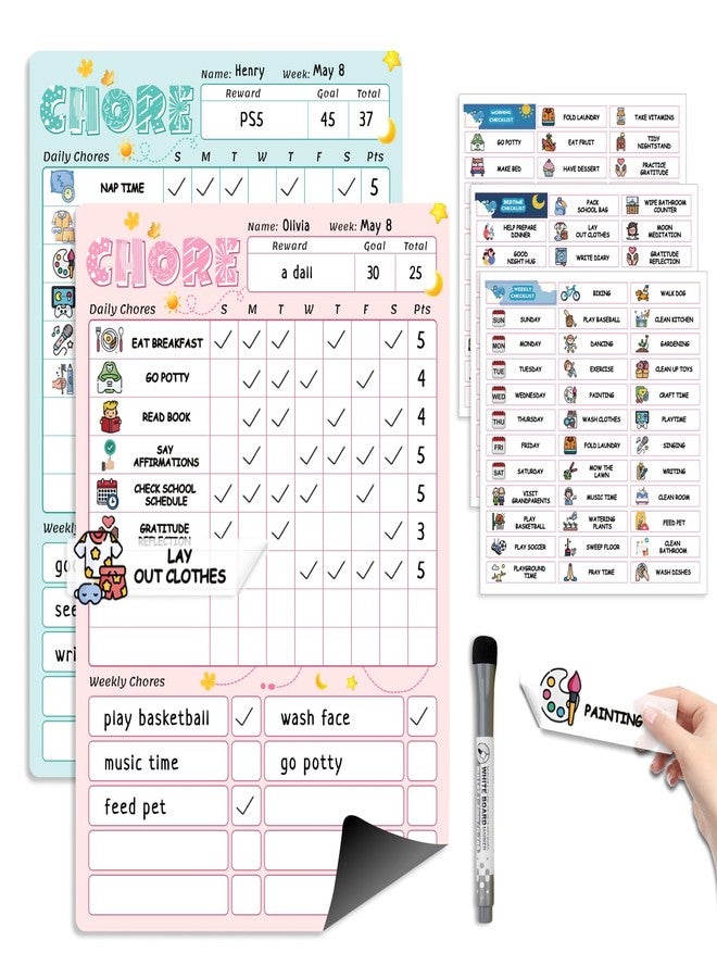 Boxveria Magnetic Kids Chore Chart for 2 Kids Blue & Pink, Dry Erase Routine Chart for Kid Toddlers Teens Adult with Marker & Chore Stickers, Behavior Responsibility Chart for Kid at Home - Image 1
