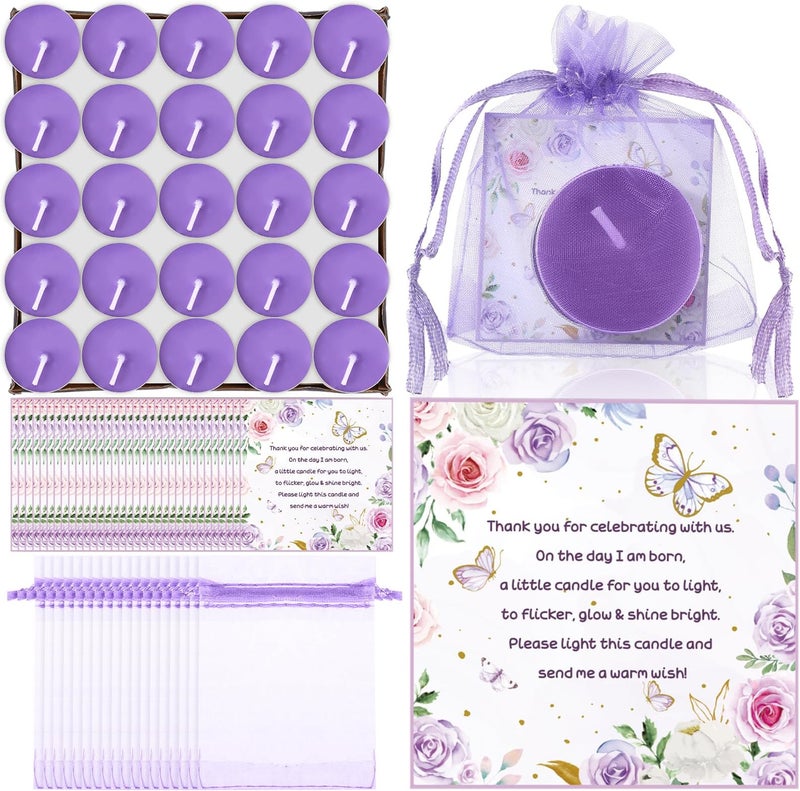 50 Sets Baby Shower Candle Favors for Guests Including 50 Pcs Tea Light Candles and 50 Thank Tags and 50 Return Gift Bags for Baby Shower Gender Reveal Party Supplies(Purple,Butterfly)