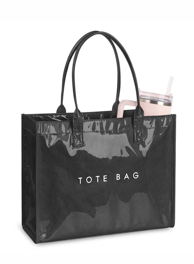 NPBAG Large PVC Tote Bag for Women, Kraft Paper Handbag Beach Tote with Letter Print, Top Handle Purse for Work Travel Shopping (Black) - Image 1