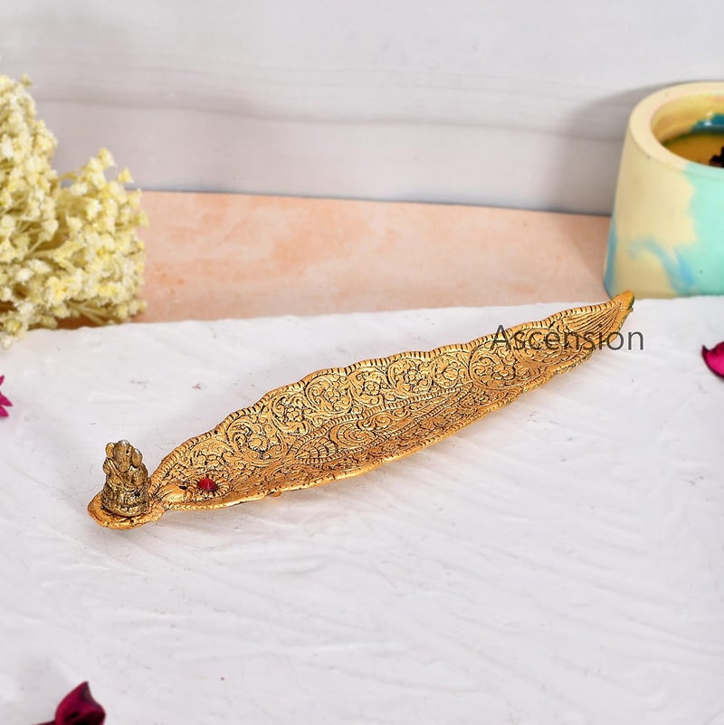 ascension Agarbatti Holder Gold Plated Leaf Pattern with Small Ganesh for Home Office Pooja Room Pooja Agarbati Stand Decoration Graceful Diyas Golden - Image 4