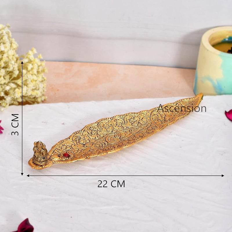 ascension Agarbatti Holder Gold Plated Leaf Pattern with Small Ganesh for Home Office Pooja Room Pooja Agarbati Stand Decoration Graceful Diyas Golden - Image 3