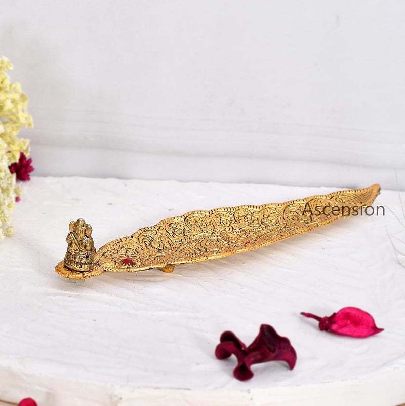 ascension Agarbatti Holder Gold Plated Leaf Pattern with Small Ganesh for Home Office Pooja Room Pooja Agarbati Stand Decoration Graceful Diyas Golden - Image 2