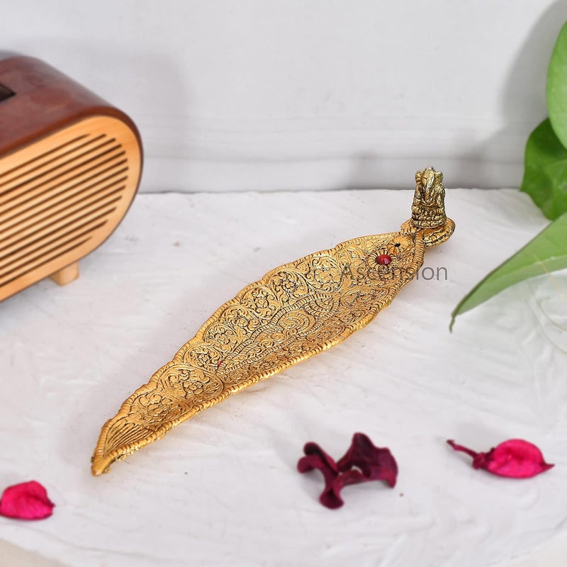 ascension Agarbatti Holder Gold Plated Leaf Pattern with Small Ganesh for Home Office Pooja Room Pooja Agarbati Stand Decoration Graceful Diyas Golden - Image 1