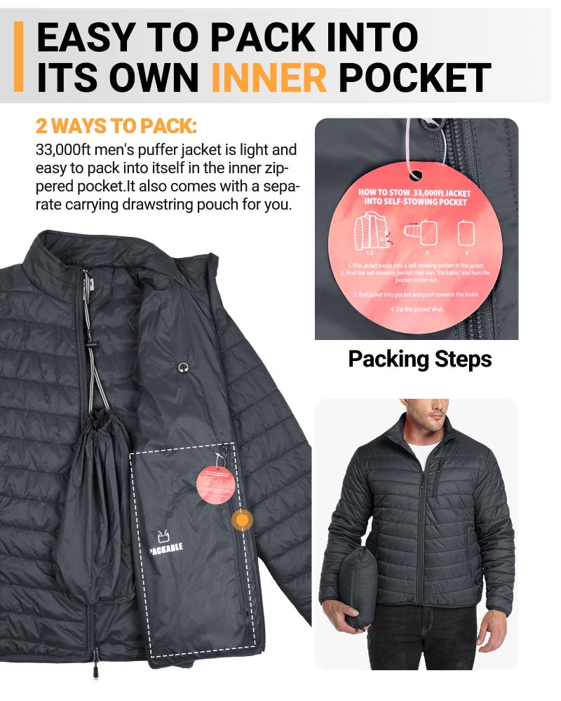 33,000ft Men's Lightweight Packable Insulated Puffer Winter Jacket, Water-Resistant Warm Quilted Puffy Coat - Image 3