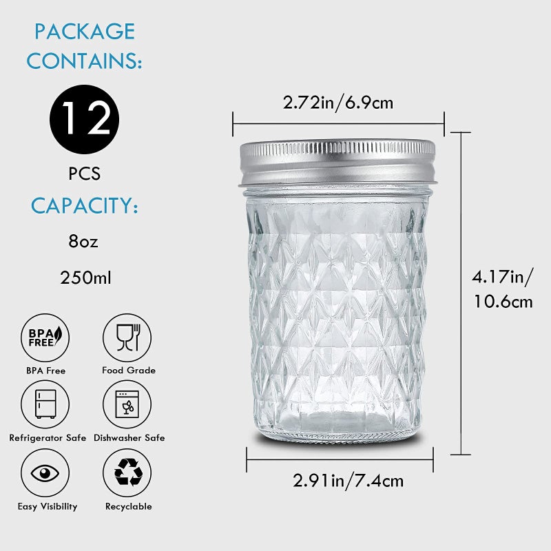 Yeboda 12 Pack 8 Oz Mason Jars With Airtight Lids And Bands Glass Canning Jars Ideal For Preserving Jam Honey Jelly Wedding Favors Shower Favors Sauces Diy Spice Jars Salad - Image 3