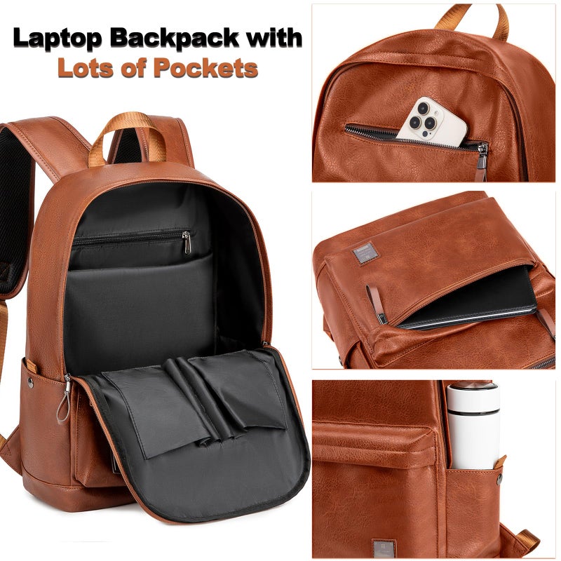 weiatas Leather Laptop Backpack for Men Women Work, Lightweight School Backpack Bookbag for College Students, Waterproof Casual Daypack Travel Computer Backpack fits 15.6 (Brown) - Image 3