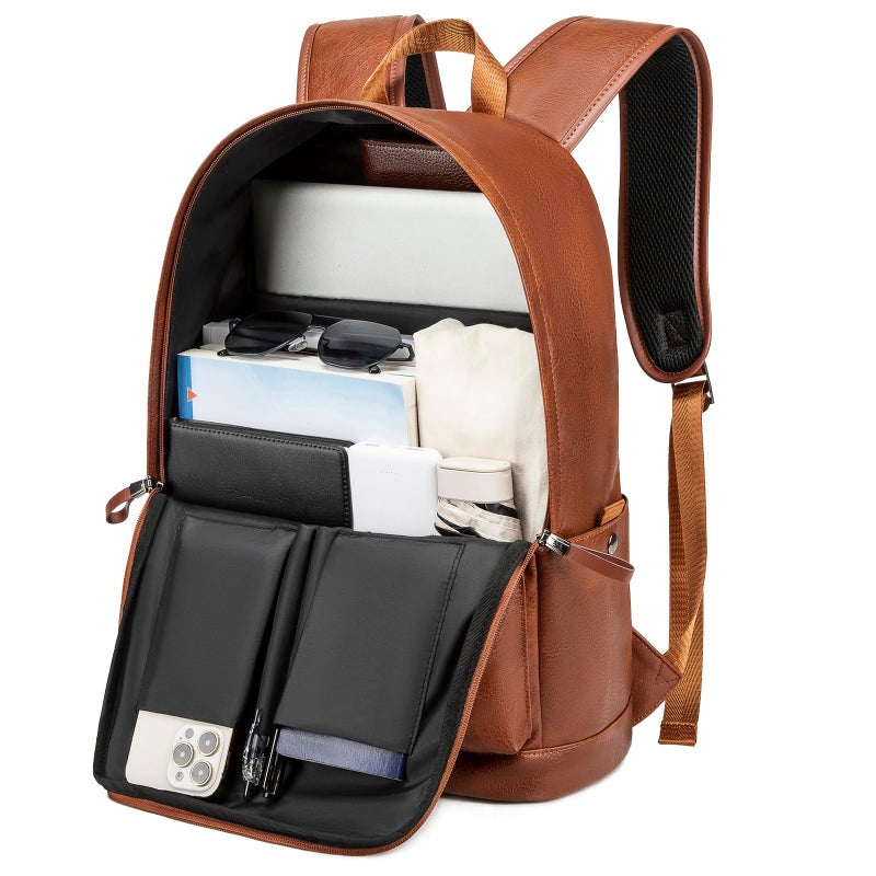 weiatas Leather Laptop Backpack for Men Women Work, Lightweight School Backpack Bookbag for College Students, Waterproof Casual Daypack Travel Computer Backpack fits 15.6 (Brown) - Image 2