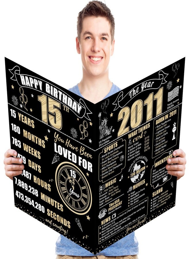 Turypaty Large 15th Birthday Card With Envelope for Boys Girls, 2011 Black Gold Happy 15th Birthday Giant Guest Signature Book Gifts, Big Vintage 2011 15 Greeting Card Decoration Party Supplies - Image 1