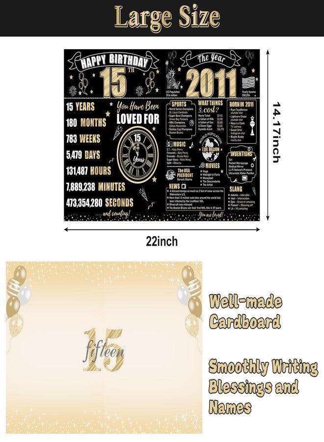 Turypaty Large 15th Birthday Card With Envelope for Boys Girls, 2011 Black Gold Happy 15th Birthday Giant Guest Signature Book Gifts, Big Vintage 2011 15 Greeting Card Decoration Party Supplies - Image 2
